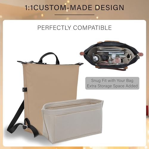 Purse Organizer Insert for Longchamp Le Pliage L Backpack, Felt Lightweight Long Champ Large Backpack Divider Shaper with Cup Holder,Zipper Bags Inner Linner with 8 Deepened Pockets,L/Beige - color: Beige, size: L Backpack